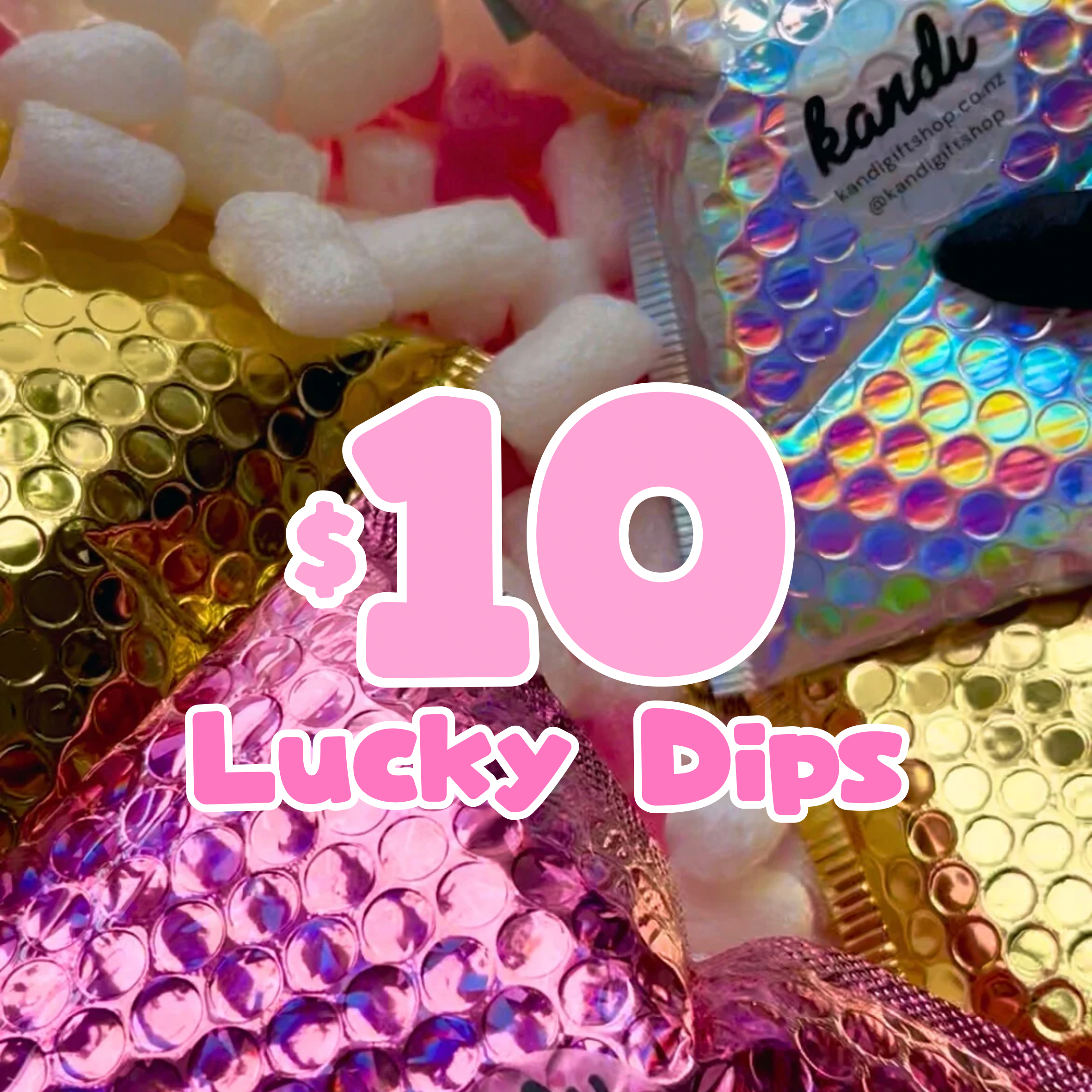 Colorful packaging with 'Lucky Dips' text and price tag on a multicolored background